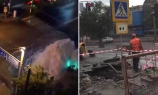 Фонтан кипятка в Алматы разбил машины, сломал светофор и повредил ресторан