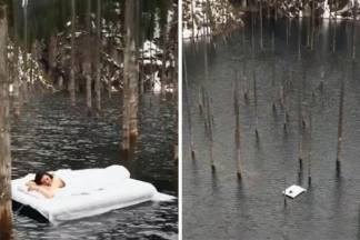 Плавающая на матрасе в озере Каинды девица возмутила пользователей Казнета